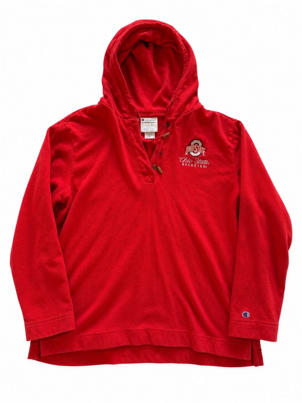 Champion Red Hooded Pullover with Tag Detail